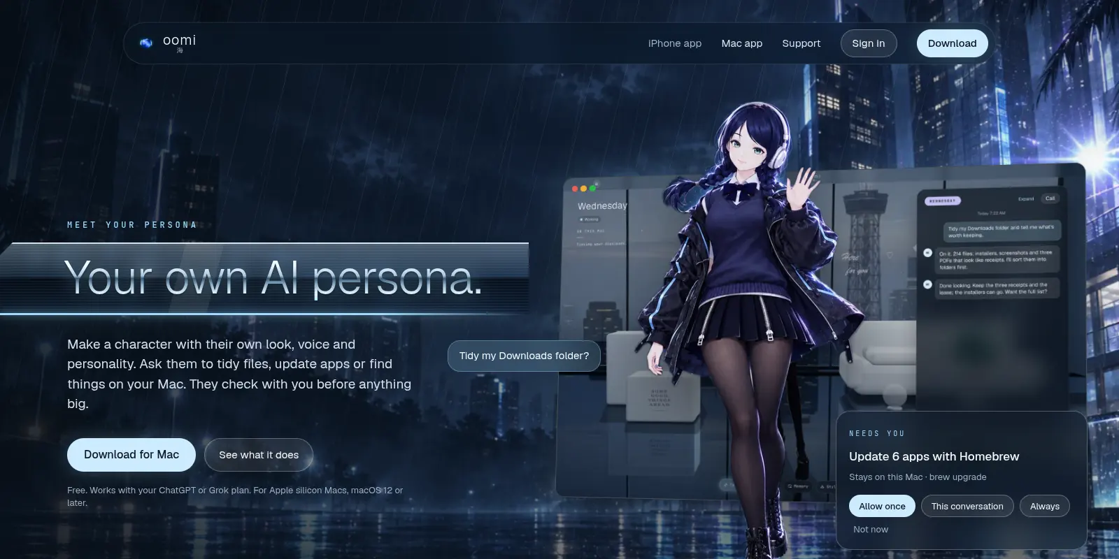 Oomi’s live homepage: a persona in a rainy night city beside a Mac confirmation